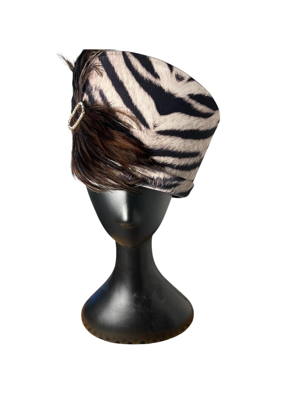 Vintage Runway Zebra Print Pillbox Hat with Feather and Rhinestone Brooch - Picture 3 of 5